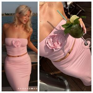 NWT Reformation Adalynn Pink Jersey Knit Maxi Skirt Set Rosette Strapless sz XL